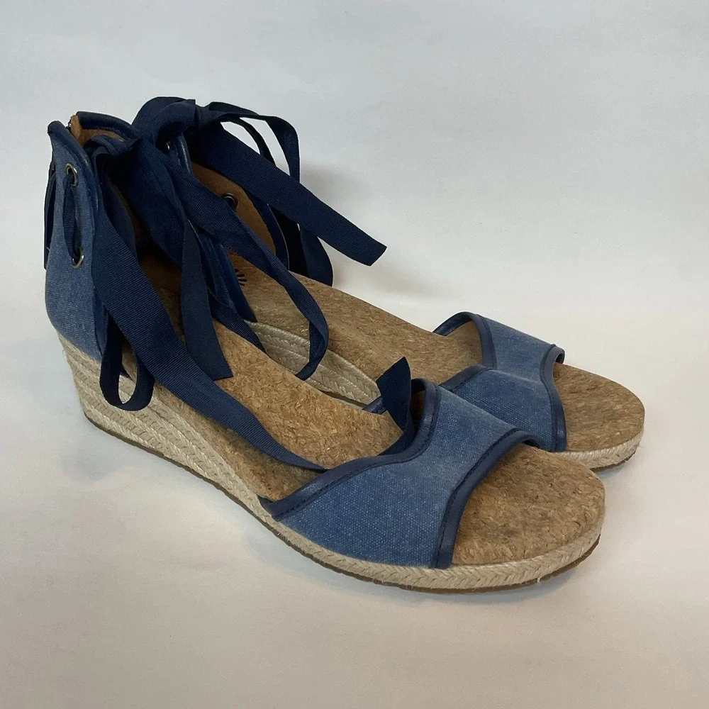 Ugg Amell Espadrille Lace Up Cork Wedge Sandals Open‎ Toe Shoes 9,5 Denim Blue